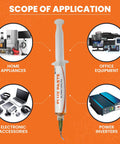 Rosin Flux Gel Paste For Electronics Soldering, syringe with scope of application including home, office, electronics use.