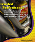 Motorcycle Detailing Kit Complete 82 Oz Exterior Cleaning Set on bike frame with Mist N Shine Bug Remover polish and label