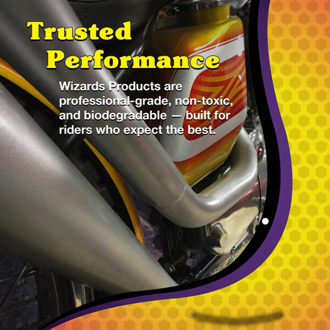 Motorcycle Detailing Kit Complete 82 Oz Exterior Cleaning Set on bike frame with Mist N Shine Bug Remover polish and label