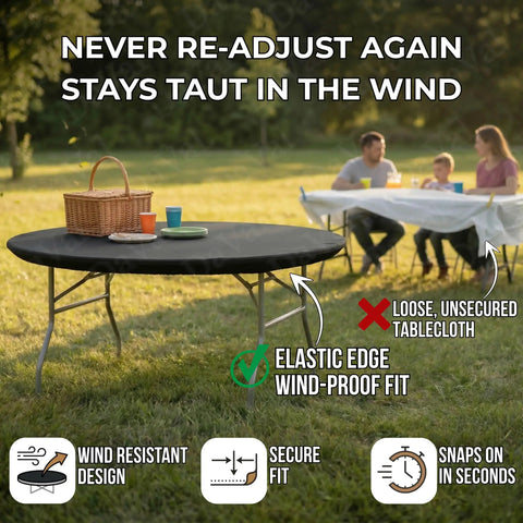 Ten Pack Black Round Plastic Table Covers For 60 Inch Tables Indoor Outdoor Fitted Covers 5 Feet Diameter Tables Not Included Bulk Party Catering Supply For Events Or Receptions covering a table in a garden setting.