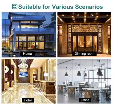 Image showing various applications of heavy duty door pull handle set for public and commercial doors, including home, dining room, hotel, and office.