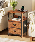 Sleek Rustic Brown Nightstand With Built In Charging Station And Two Fabric Drawers A Legit Game Changer For Dorm Rooms Featuring No Sweat Setup With Standard Outlets And USB Ports For All Your Gear, 23.6" height next to a sofa.