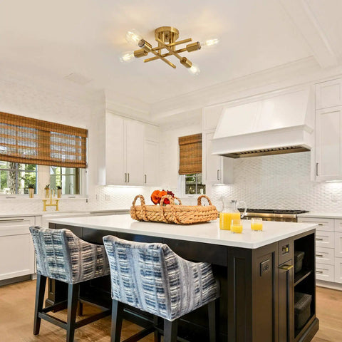 Modern Golden Metal Semi Flush Mount Ceiling Light Fixture Four Light Sputnik Style Chandelier in kitchen
