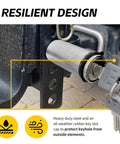 Beefy Universal Hitch Receiver Lock With One Half Inch And Five Eighths Inch Pins Anti Theft Trailer Lock For Class I To V Receivers Press To Lock Technology Chrome Finish Heavy Duty Carbon Steel Includes Two Keys installed in hitch with keys.