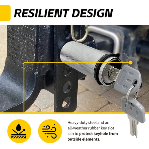 Beefy Universal Hitch Receiver Lock With One Half Inch And Five Eighths Inch Pins Anti Theft Trailer Lock For Class I To V Receivers Press To Lock Technology Chrome Finish Heavy Duty Carbon Steel Includes Two Keys installed in hitch with keys.