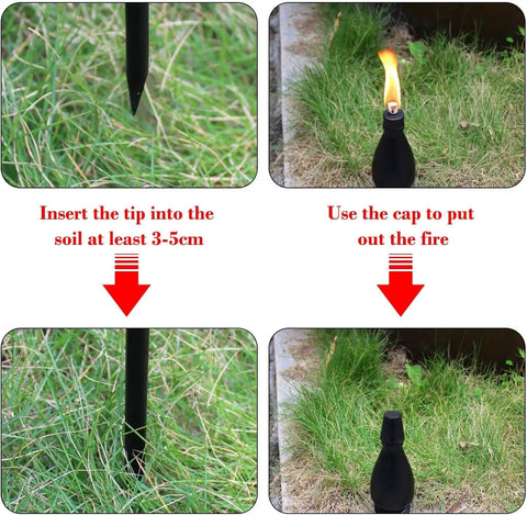 Steps showing installation and use of Citronella Torches 6 Pack for Outdoor Lighting, 60 Inch Jet Black Metal Pathway Torches.