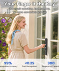 Woman using Sliding Glass Door Lock With Biometric Fingerprint, Keypad, RFID And Remote App Control For Patio Doors, Digital Mortise Lock