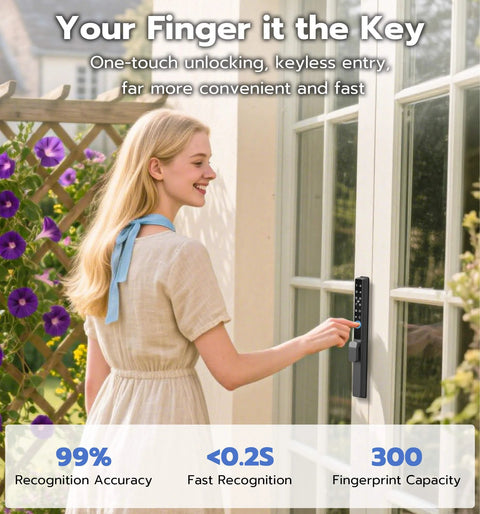 Woman using Sliding Glass Door Lock With Biometric Fingerprint, Keypad, RFID And Remote App Control For Patio Doors, Digital Mortise Lock