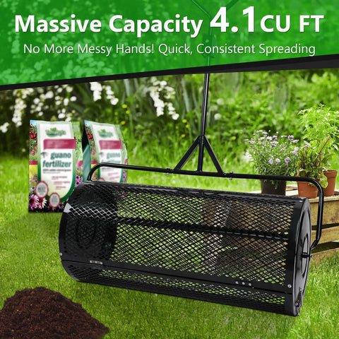 Easy Push And Tow Compost And Peat Moss Spreader 36 Inch with metal mesh roller on grassy lawn