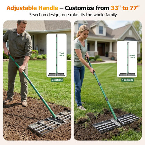 Two people using 30 By 10 Inch Lawn Leveling Rake With Heavy Duty Steel Head And 33 To 77 Inch Adjustable Handle Foldable Ground Leveler