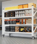 Badass 4000 Lbs Rolling Garage Shelving Rack With Heavy Duty Swivel Wheels And Fully Adjustable 4 Tier Design storing tools and bins.