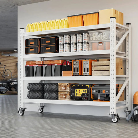 Badass 4000 Lbs Rolling Garage Shelving Rack With Heavy Duty Swivel Wheels And Fully Adjustable 4 Tier Design storing tools and bins.