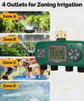 Four Zone Sprinkler Timer With Brass Inlet, Programmable Irrigation Controller, Rain Delay And Manual Watering, Four Outlet Hose Timer