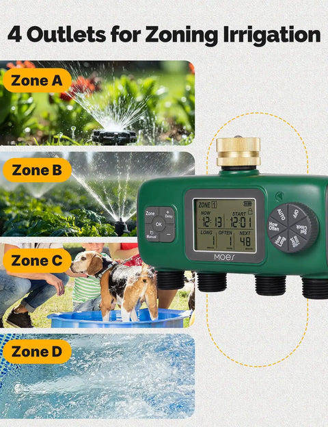 Four Zone Sprinkler Timer With Brass Inlet, Programmable Irrigation Controller, Rain Delay And Manual Watering, Four Outlet Hose Timer