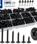 Top Notch Black Truss Head Wood Screws Assortment, 170 Piece Self Tapping Carbon Steel Kit with various lengths in a clear organizer.