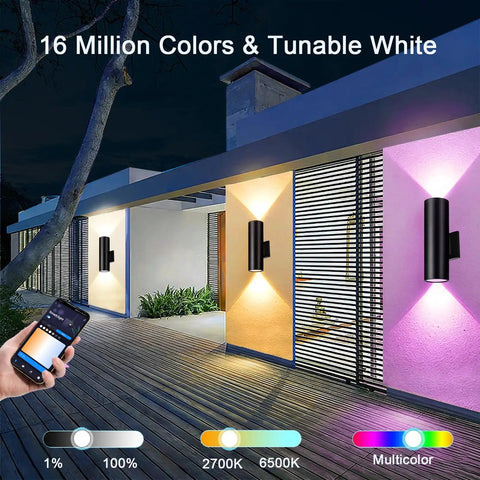 Up And Down Outdoor Wall Sconce With APP Control, RGB CCT Color Changing Exterior Light Fixture mounted on exterior wall