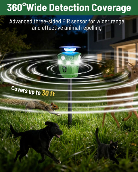 360 Degree Solar Animal Deterrent For Yard And Garden With No Blind Spots, Three Motion Sensors, Waterproof Ultrasonic And Flashing Light Outdoor Device To Keep Deer, Raccoons, And Cats Away, solar stake