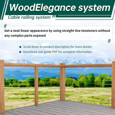WoodElegance system cable railing with Pro Grade 90 Degree Cable Railing Drill Guide Jig for wood posts in scenic landscape.