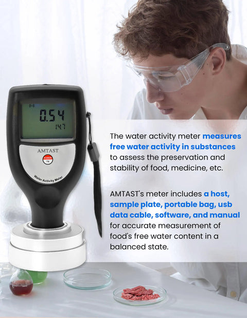 Portable Water Activity Meter For Food Testing With Software And USB Data Ultra Lightweight Under 100 Grams Ideal For On The Go Jerky And Freeze Dried Foods Delivers Accurate Readings From Zero To One Point Zero Aw with digital display, sample items, and person analyzing.
