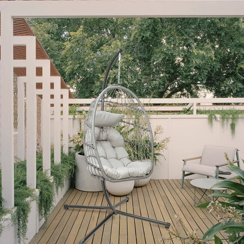 Outdoor Hanging Egg Chair With Stand For Patio And Garden Cozy Weatherproof Wicker Hammock Chair With Plush Cushion And Durable Steel Frame
