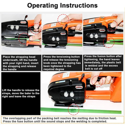 Operating instructions for the Slick Hand Held Electric Strapping Machine For Pp And Pet showing usage steps.