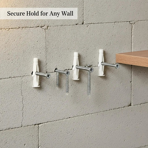 Easy Install Nylon Wall Plug And Screw Kit For Drywall Hollow Brick And Foam Block, Handy For Hanging Art And Mirrors, Lightweight Shelves, Curtain Rods, Towels And More In Indoor Spaces. White nylon plugs and screws in hollow brick wall.