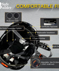 Interior view of All In One Safety Helmet With Visor And Bluetooth Ear Muffs, vented hard hat showing six-point adjustable fit and size details.