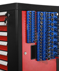 Magnetic Socket Organizer Kit Three Piece For Half Inch, Three Eighths Inch, And Quarter Inch Drive Sockets in blue on red tool chest