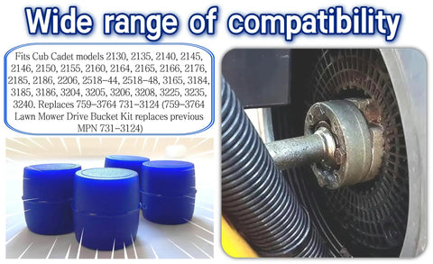Drive Roller Kit For Lawn Tractors Replacement 759-3764 Drive Shaft Bushings Fits Cub Cadet GT GSE LT GSX XT3 44 48 54 2554 2550 2165 2150 2145 16 Pc Set Easy Install And Durable Rollers For A Smooth Ride. Blue plastic drive rollers and worn mower shaft bushing installed on Cub Cadet tractor