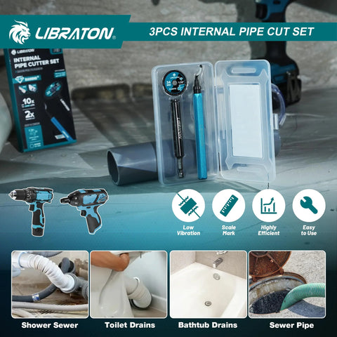 Libraton 3-piece internal PVC pipe cutter set in clear plastic case, blue deburring tool and cutter handles