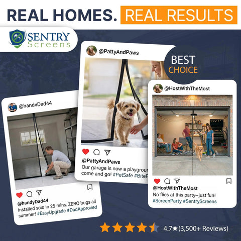 Two Car Garage Door Screen With Retractable Fiberglass Mesh Weatherproof Magnetic Closure Weighted Bottom Easy No Tools Install Tie Back Design 7 Ft High By 16 Ft Wide on social media posts showing installation and pets