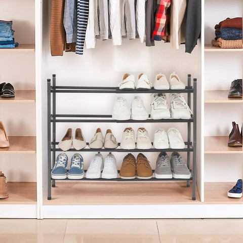 Expandable Four Tier Shoe Rack With Metal Construction Stackable And Adjustable From 17.7 To 32.3 Inches Holds Up To Sixteen Pairs Perfect For Closet Entryway Hallway Garage Front Door Black with shoes displayed in a closet setting