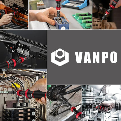 Torque Screwdriver Set 10 To 80 In Lb, 99 Piece Precision Kit used on electronics, bike, machinery, and more, Vanpo logo displayed.