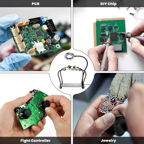Soldering Station With 5X Magnifying Light And Adjustable 4 Arm PCB Holder for various tasks like PCB, DIY, controllers, jewelry.