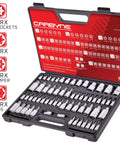 Pro Grade 62 Piece Torx Master Bit Socket Set With External Star Sockets, S2 Steel in open case showing organized bits