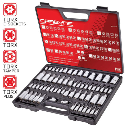 Pro Grade 62 Piece Torx Master Bit Socket Set With External Star Sockets, S2 Steel in open case showing organized bits