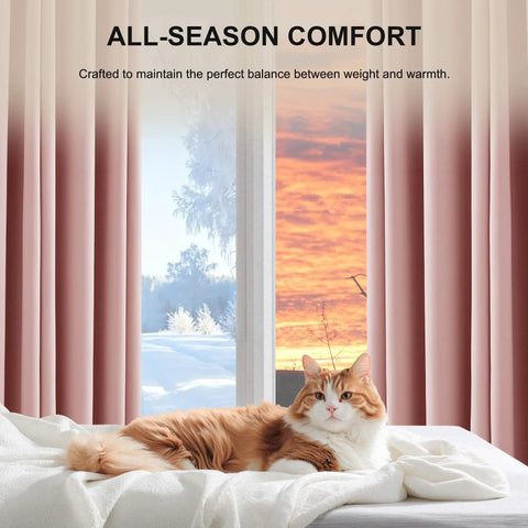 100 Percent Blackout Pink Curtains For Girls Room, Cute 63 Inch Long 2 Inch Rod Pocket Drapes, Light Blocking Thermal Insulated Window Treatments, W52 X L63, 2 Panels, with cat lounging