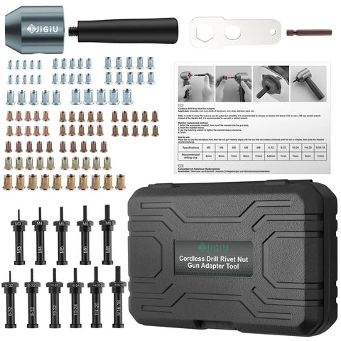 Transform Your Drills Into A Clutch Rivet Nut Tool With This Heavy Duty Cordless Adapter Kit including nuts, mandrels, and case.