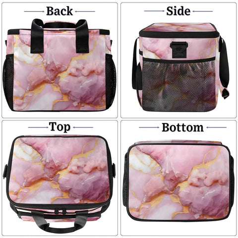 Marbling Pattern Insulated Picnic Backpack with Spacious 12x9x10in Lunch Bag featuring four views: back, side, top, bottom.