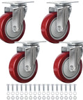 Set of four heavy duty swivel caster set with red polyurethane wheels and mounting screws, 2600 lb capacity