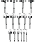 Heavy Duty 16 Piece Forstner Drill Bit Set with Precision Shear Serrated Edges showing various sizes ranging from 1/4" to 2 1/8".