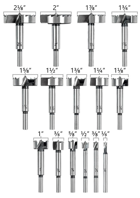 Heavy Duty 16 Piece Forstner Drill Bit Set with Precision Shear Serrated Edges showing various sizes ranging from 1/4" to 2 1/8".