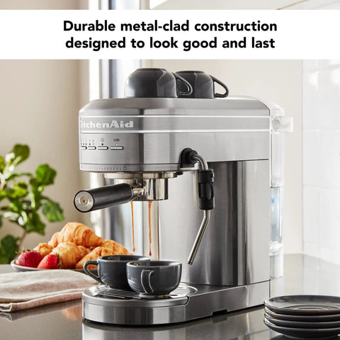 Premium Metal Semi Automatic Espresso Machine With Dual Smart Temp Sensors And 58Mm Commercial Portafilter pouring coffee into black cups.
