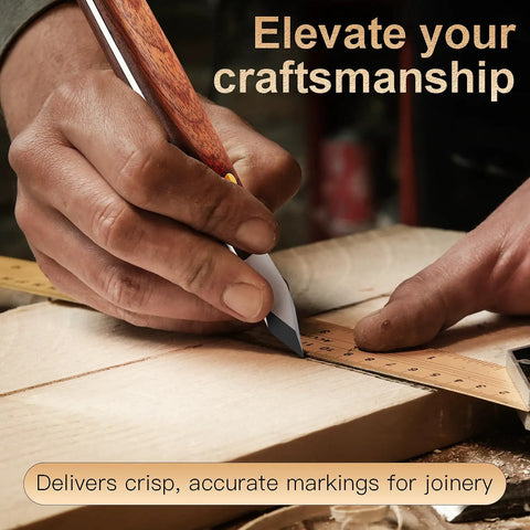Heavy Duty Woodworking Marking Knife Pro Scribing Gauge Featuring Knockout Sharp High Carbon Steel Double Beveled Blade and Comfort Grip Handle in use for precise marking on wood.