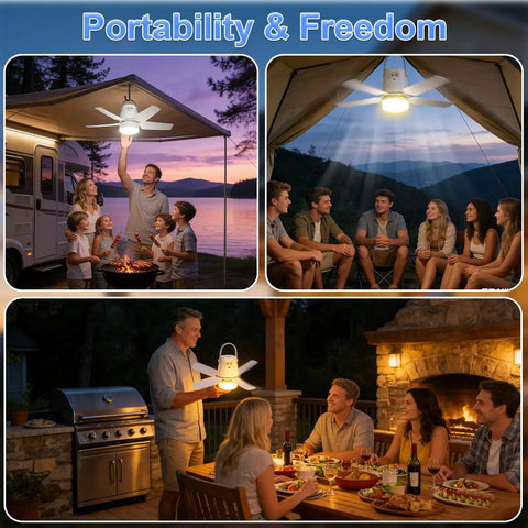 Outdoor Camping Ceiling Fan With Light And Remote, 20 Inch Portable Fan in use at outdoor dinner and camping scenes.