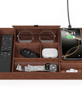 Leather Wireless Charging Valet Tray for Men, EDC Nightstand Organizer with phone, glasses, watch, keys and more accessories.