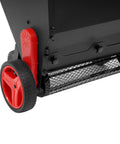Close-up of Lawn Drop Spreader With Handle Four Wheels Adjustable Rate For Fertilizer Grass Seed Compost Topdressing Landscaping Use