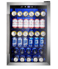 37 Bottle Freestanding Wine Cooler With Stainless Steel Reversible Glass Door And Quiet Compressor filled with beverages