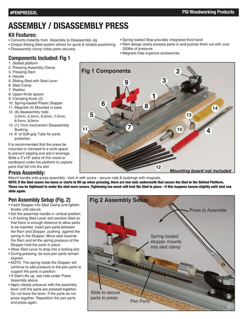 Pen Press XL For Assembly And Disassembly, detailed diagram with components and setup for DIY pen making, adjustable sled visible