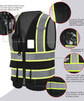 Top Shelf Seven Pocket Mesh Safety Vest In Matte Black For Active Crews Featuring Fly Airflow Polyester showcasing pockets and reflective strips.